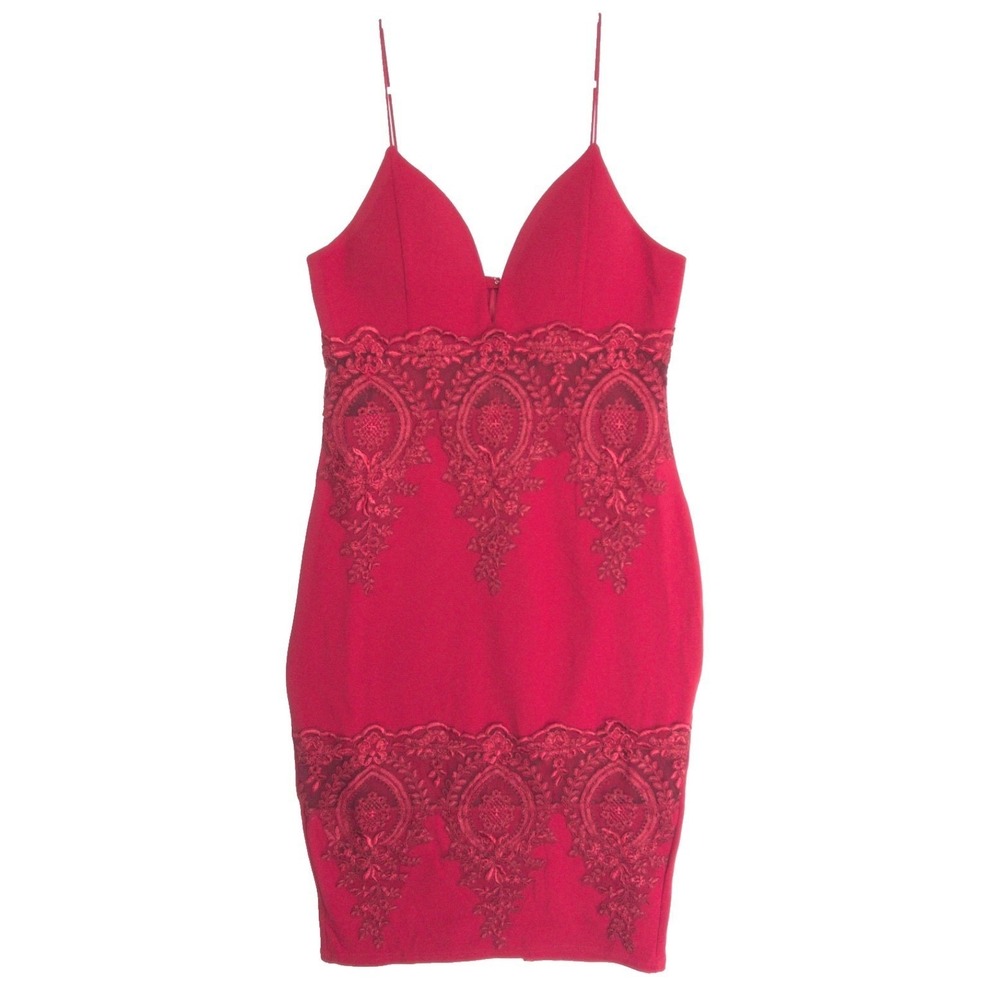 Madrag‎ Sheer Mesh Lace Applique Panels Plunge Romantic Pencil Dress Womens XL L